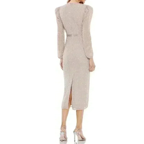 Mac Duggal Midi Dress Size 16 XL Vintage Lilac Mocha Stripe Long Sleeve Sparkle - Picture 2 of 11